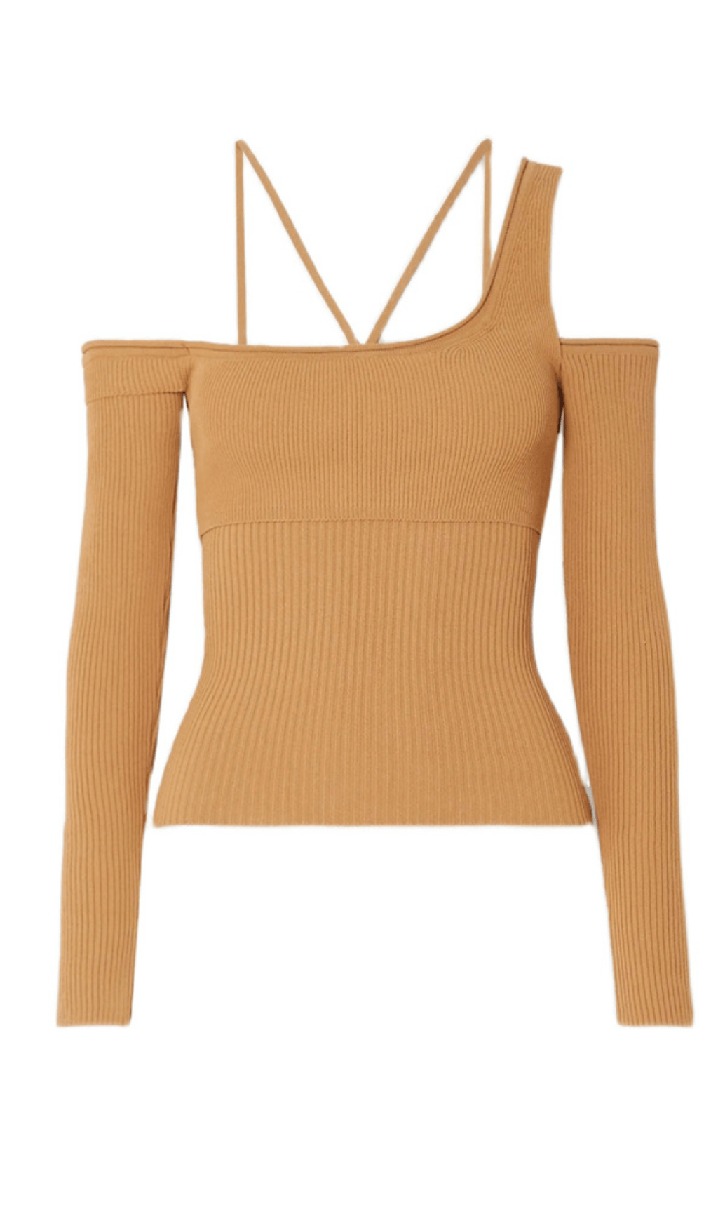 Cutout off-shoulder asymmetric sweater.