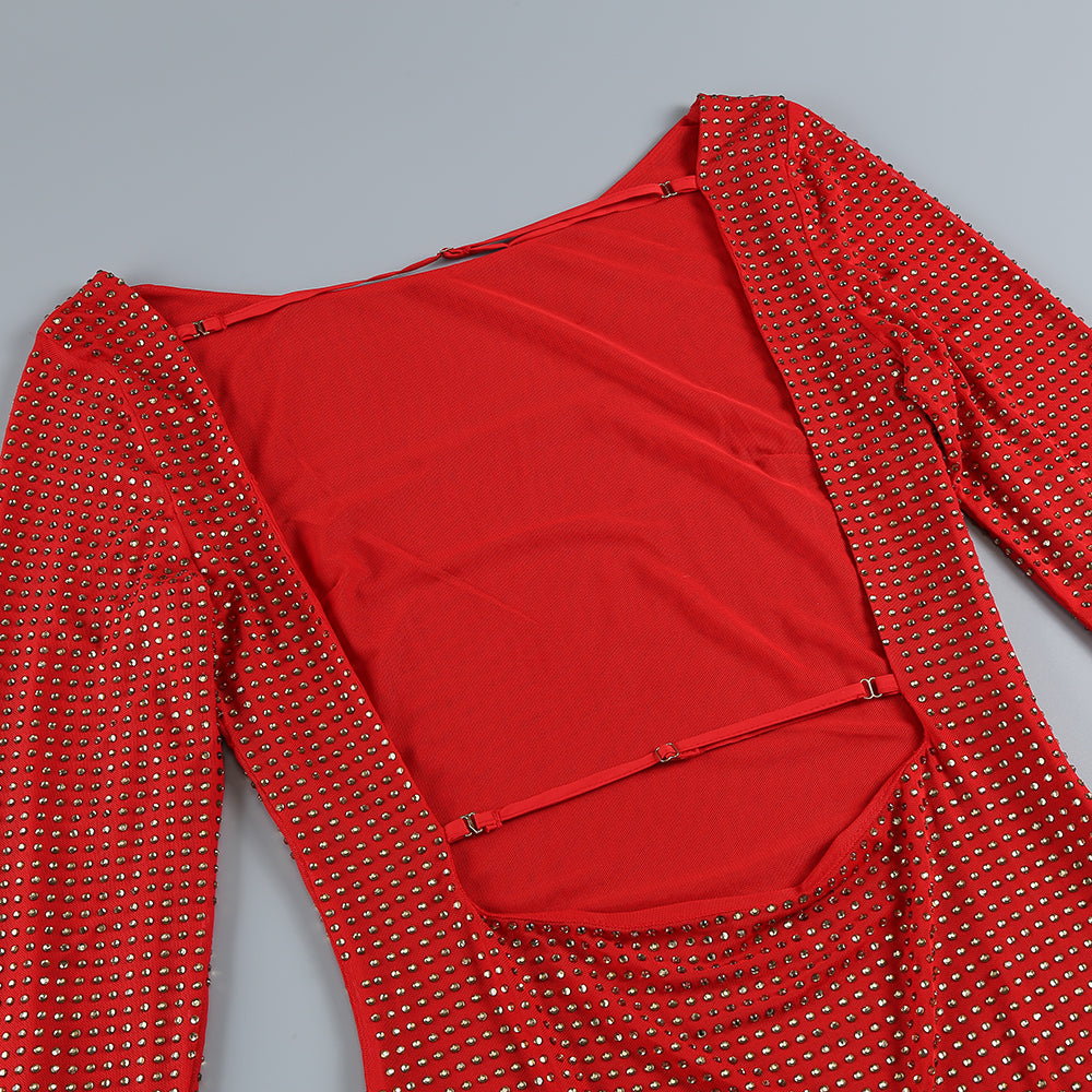 EMBELLISHED HIGH NECK COWL BACK MINI DRESS IN RED