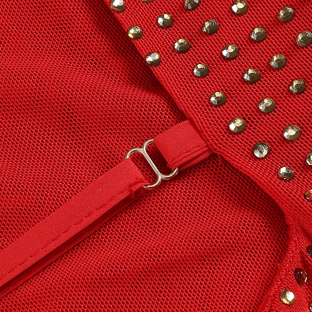 EMBELLISHED HIGH NECK COWL BACK MINI DRESS IN RED