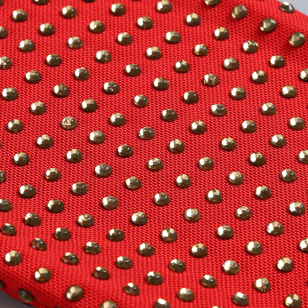 EMBELLISHED HIGH NECK COWL BACK MINI DRESS IN RED
