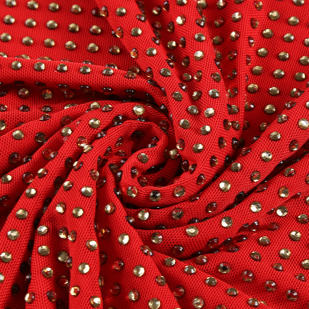 EMBELLISHED HIGH NECK COWL BACK MINI DRESS IN RED