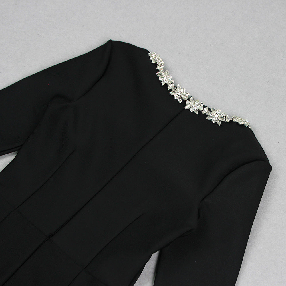 LONG SLEEVE CRYSTAL NECKLINE JUMPSUIT IN BLACK