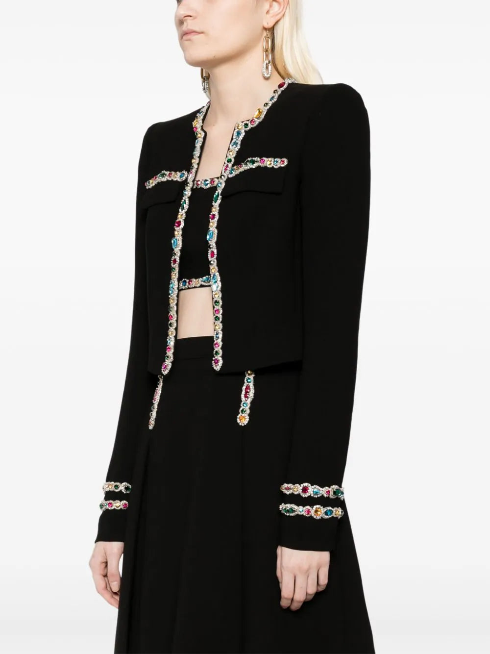 CRYSTAL-EMBELLISHED CADY CROPPED JACKET SKIRT SUIT