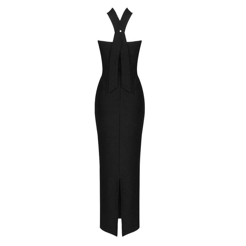 STRAPLESS HOLLOW OUT MAXI BANDAGE DRESS IN BLACK