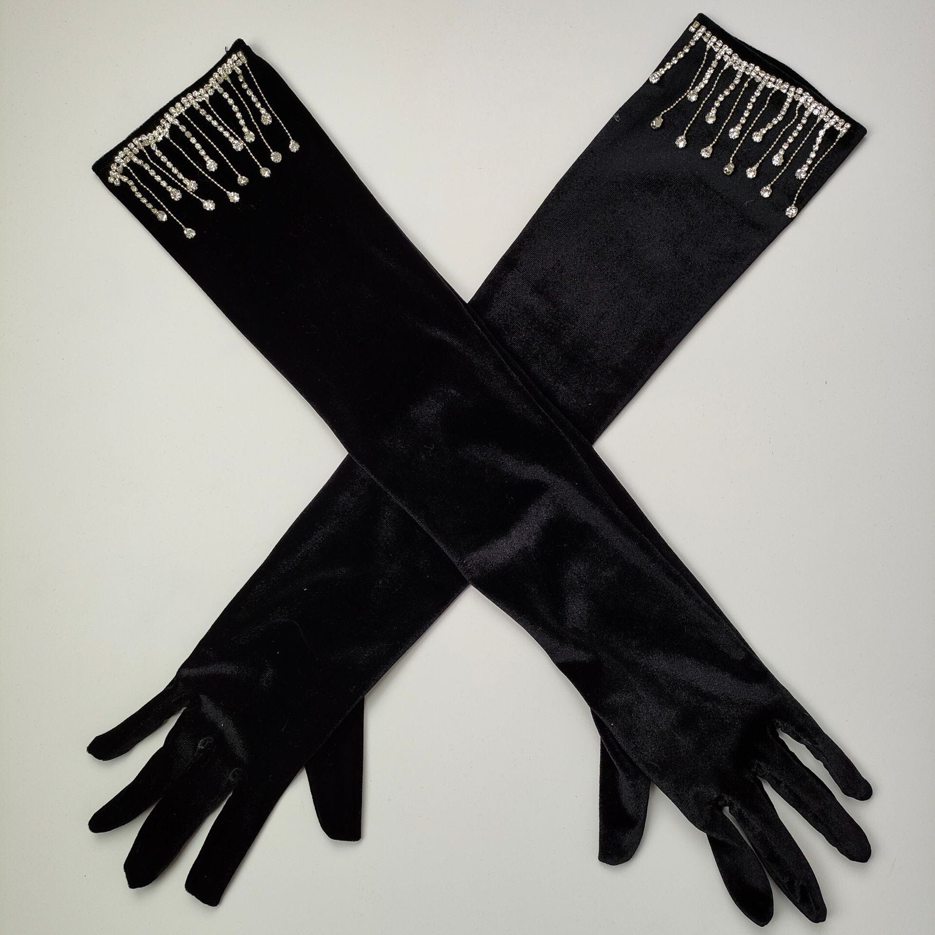 VELVET RHINESTONES LONG GLOVES WITH FRINGE