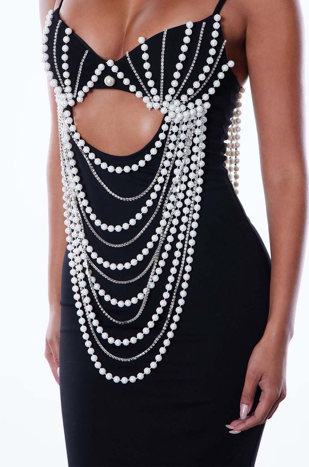 PEARL EMBELLISHED MIDI DRESS IN BLACK