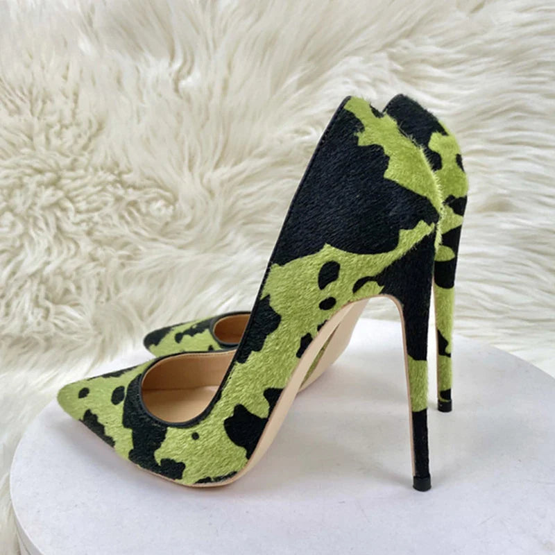 Green Cow Print High Heel Pumps