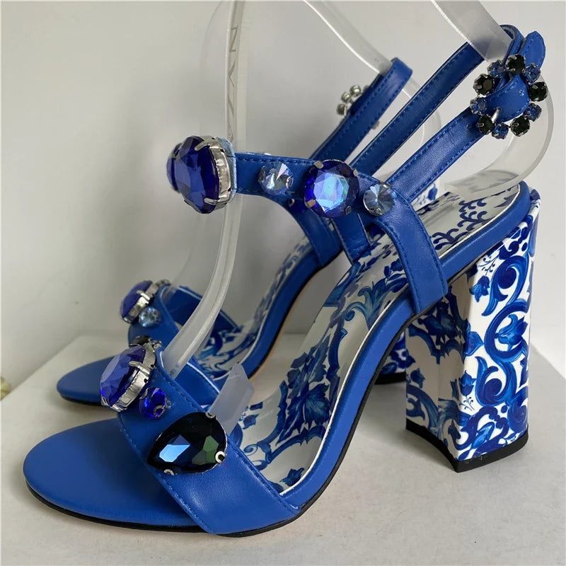 Blue Majolica-printed Ankle Strap Sandals Inspired by Dolce & Gabbana