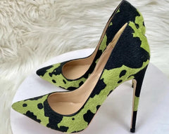 Green Cow Print High Heel Pumps