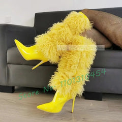 Yellow Curly Fur Knee-high Boots