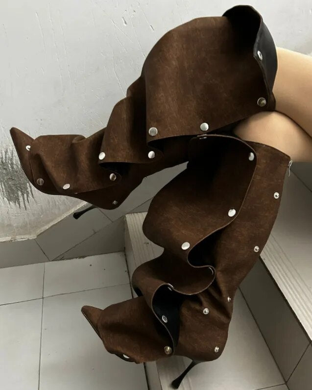 Metal Button Spliced Denim Knee-High Boots