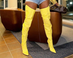 Yellow Snakeskin Print Leather Over The Knee Boots