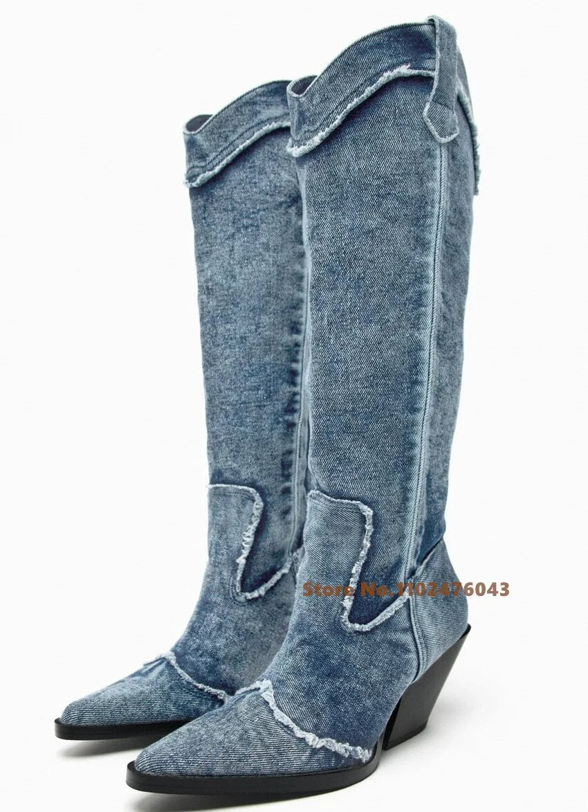 Zara Inspired Denim Western Knee-high  Boots