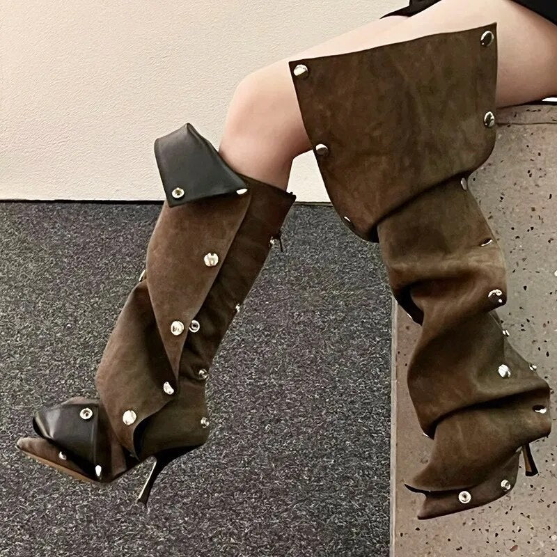 Metal Button Spliced Denim Knee-High Boots