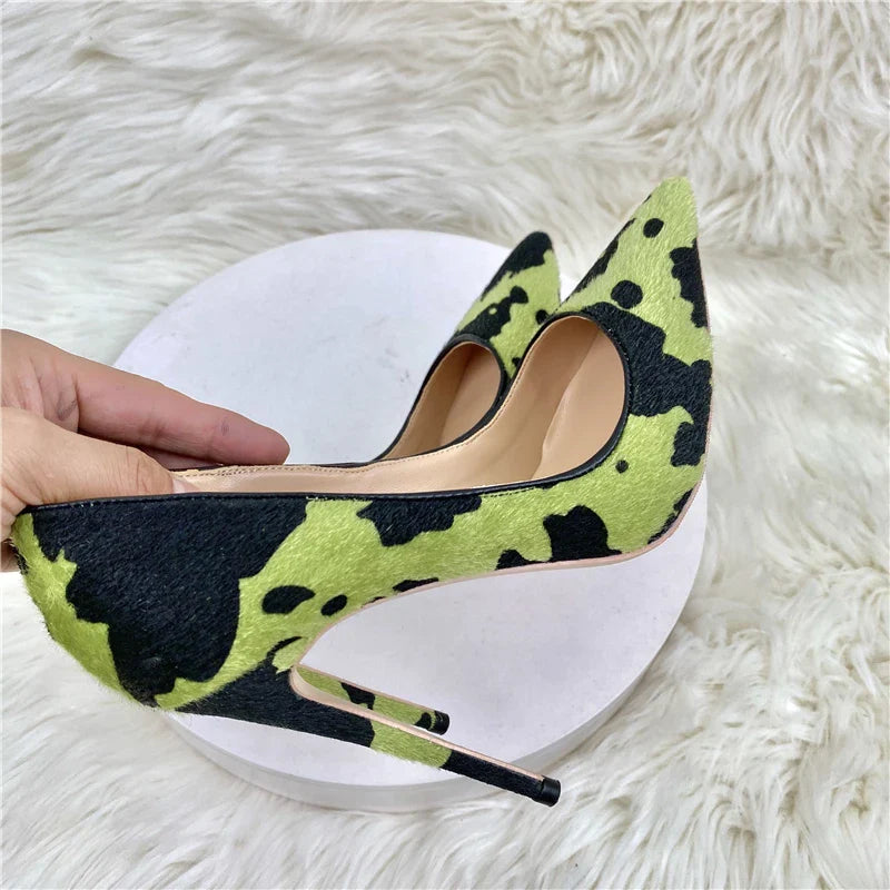 Green Cow Print High Heel Pumps