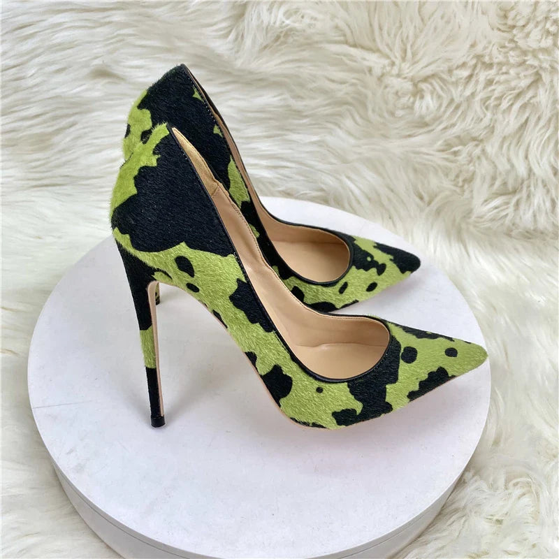 Green Cow Print High Heel Pumps