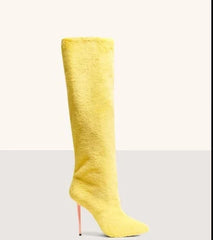 Yellow Fur Knee High Boots