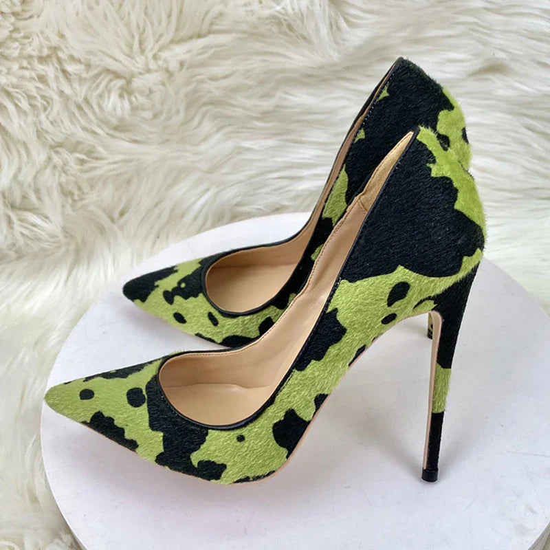 Green Cow Print High Heel Pumps