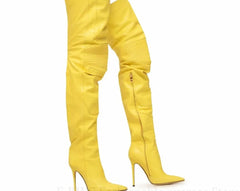 Yellow Snakeskin Print Leather Over The Knee Boots