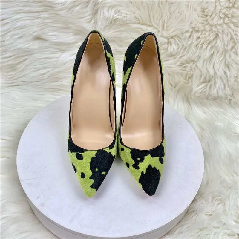 Green Cow Print High Heel Pumps