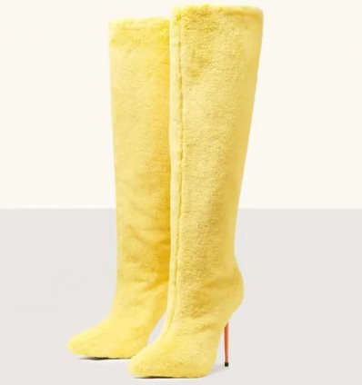 Yellow Fur Knee High Boots