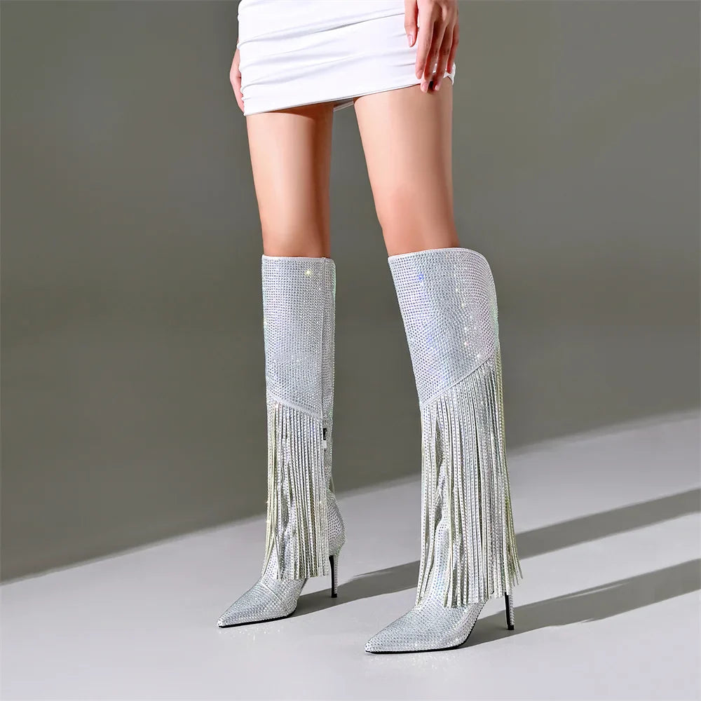 Tassel Adorned, High Heel Rhinestone Boots