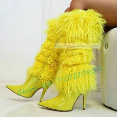 Yellow Curly Fur Knee-high Boots