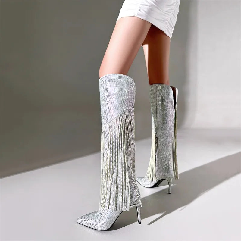 Tassel Adorned, High Heel Rhinestone Boots