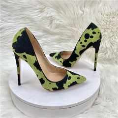 Green Cow Print High Heel Pumps