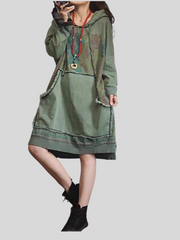 contrast color denim loose large size midi length hoodie