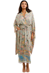 Long Kimono Floral Print Green Color Cotton Viscose Long Length Gown Kimono Duster Robe