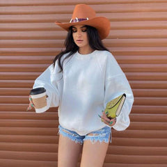Active Ribbed Trim Drop Shoulder Long Sleeve Crew Neck Sweatshirt - White