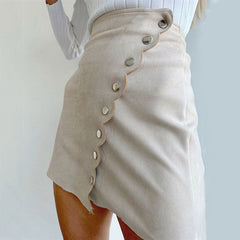 Asymmetric High Waist Scalloped Button Up Faux Suede Wrap Mini Skirt - Beige