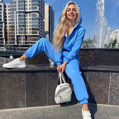 Athletic Style Kitty Hooded Zip Up Long Sleeve Jumpsuit - Blue