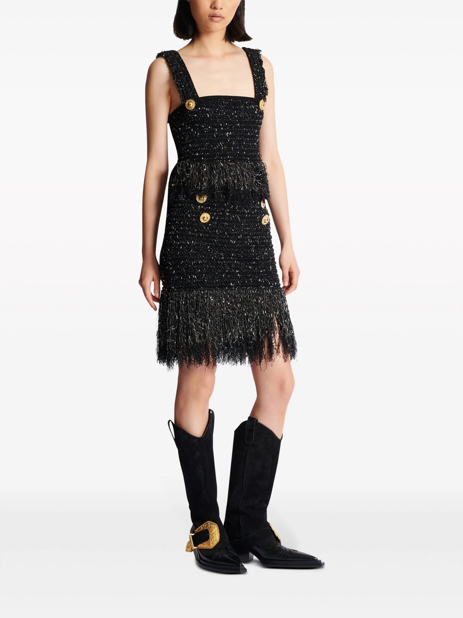 BLACK LUREX TWEED FRINGED TOP