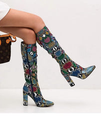 Snakeskin Knee High Side Zip Up Boots