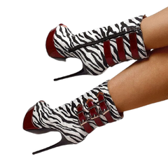 Zebra Stripe Buckle Stiletto Boots