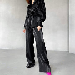 Chic Puff Sleeve Wrap Blouse High Waist Wide Leg Pants Matching Set - Black