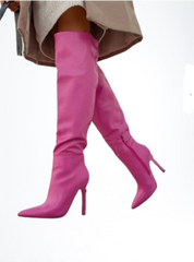 Pink Side Zip Knee High Stiletto Boots