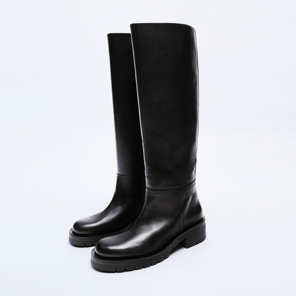 Leather Low Heel Knee-High Boots