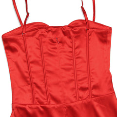 Glossy Satin Solid Color Sleeveless Corset Evening Maxi Dress - Red