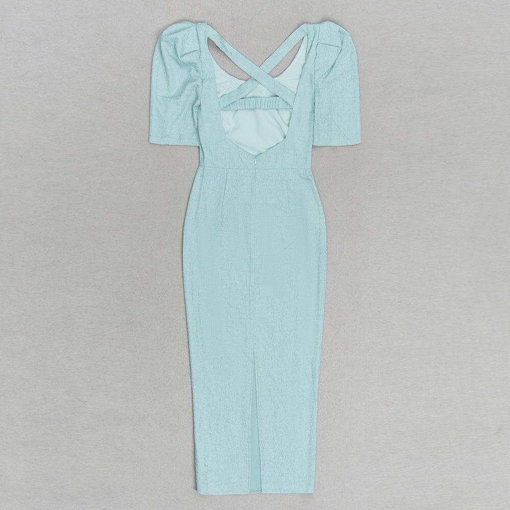 LIGHT GREEN PUFF SLEEVE SPLIT BACK BODYCON MIDI DRESS