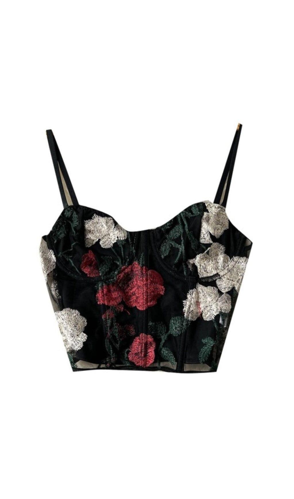 EMBROIDERED FLOWERS CORSET TOP IN BLACK