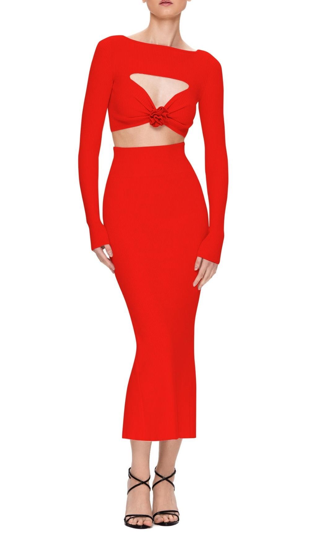 CUTOUT LONG SLEEVE  MIDI DRESS IN RED