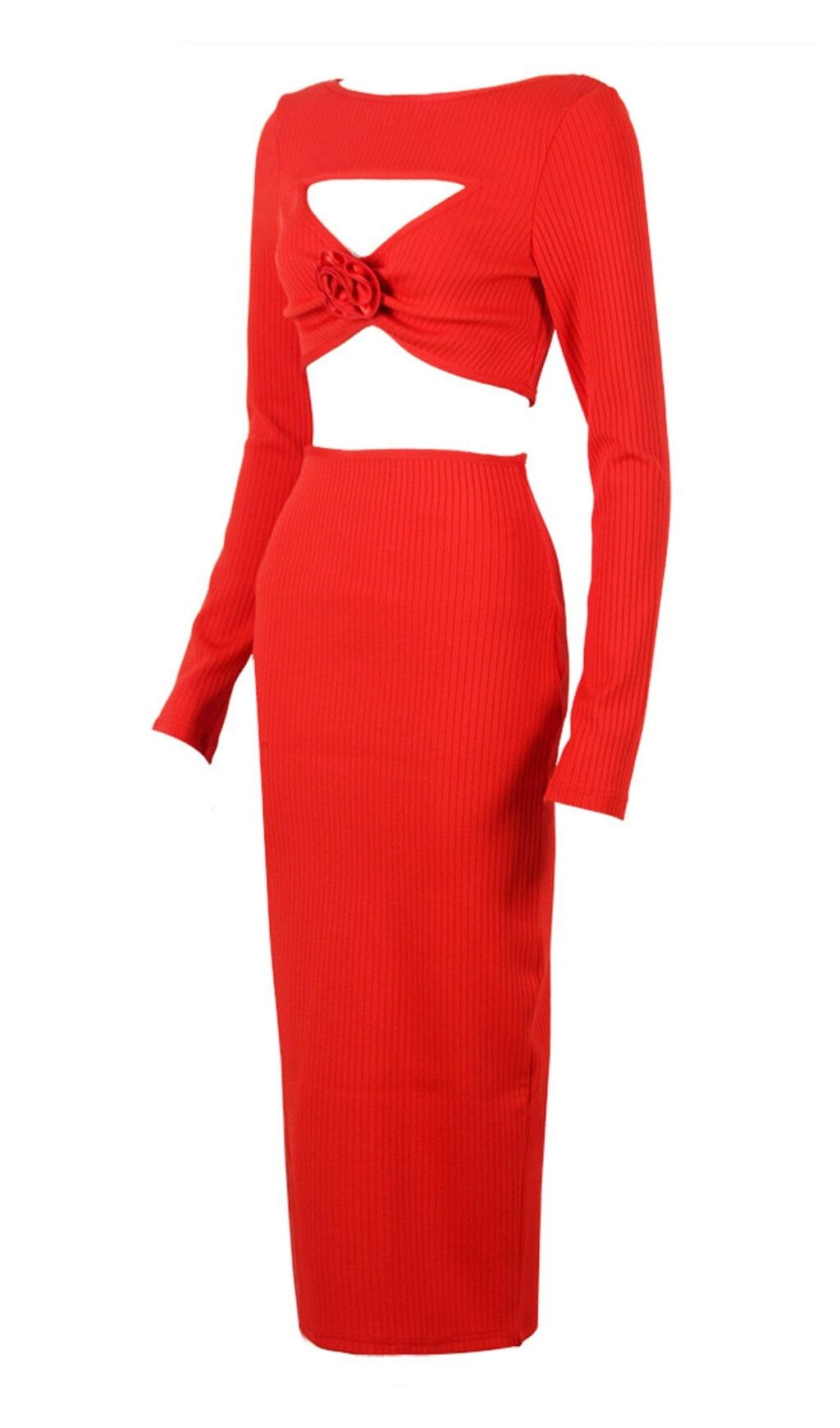 CUTOUT LONG SLEEVE  MIDI DRESS IN RED