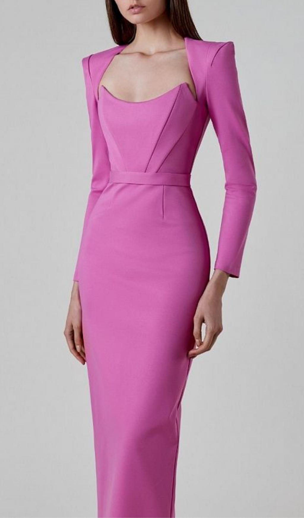 SQUARE SHOULDER CORSET MIDI DRESS IN PINK