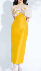 YELLOW FLOWER ONE WORD LED MIDI DRESS