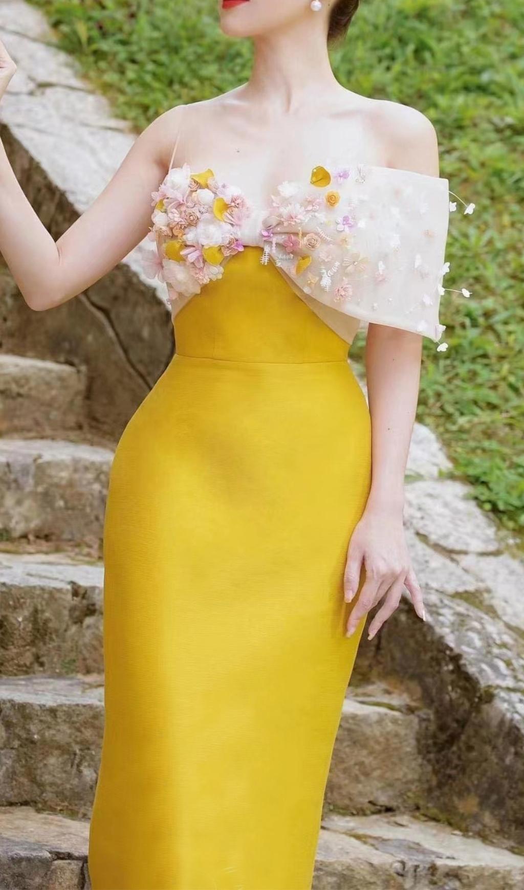 YELLOW FLOWER ONE WORD LED MIDI DRESS