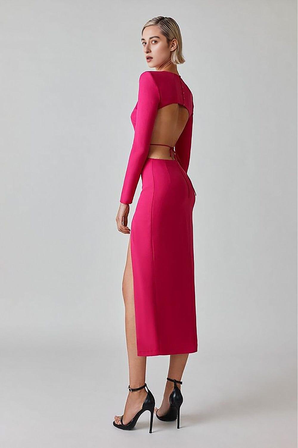 LONG SLEEVE OPEN BACK SLIT DRESS IN ROSE RED