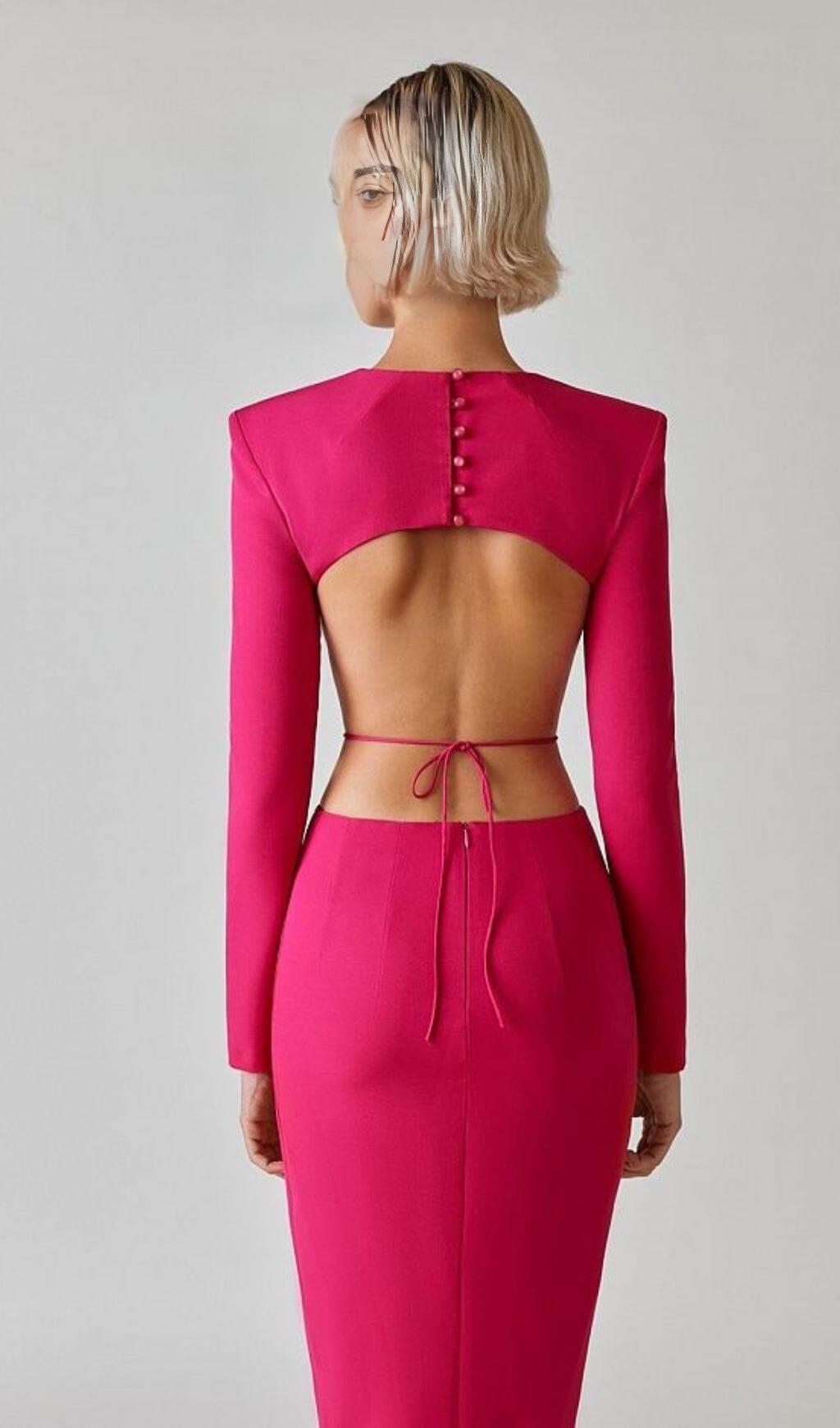 LONG SLEEVE OPEN BACK SLIT DRESS IN ROSE RED